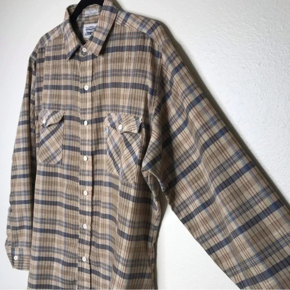 Vintage 1970s Levis Big E Tan Brown Plaid Button Front Long Sleeve Mens Large